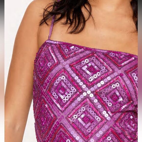 Nasty Gal Diamond Pattern Sequin Bodysuit Purple Size 10 NWT in packaging - Picture 3 of 6